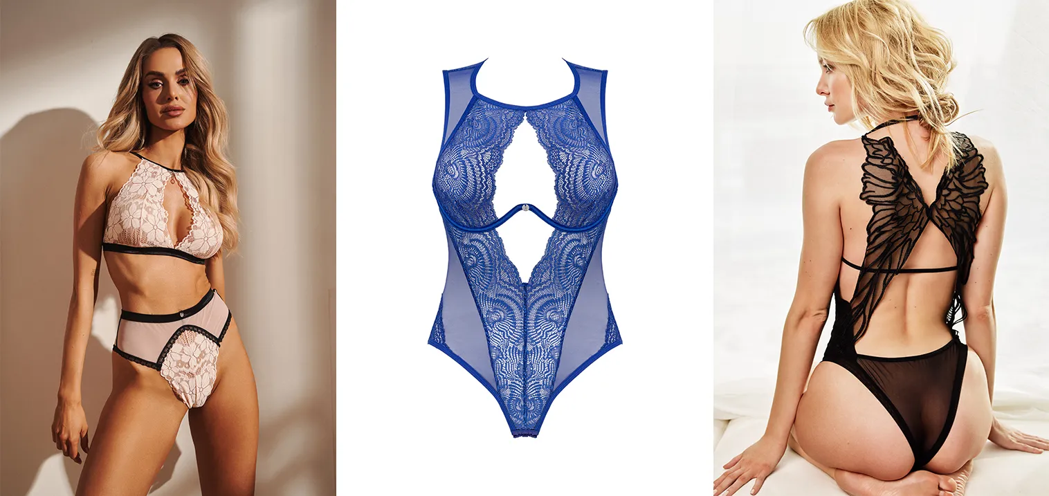 Un collage montrant un modèle en ensemble rose, un body bleu, et un modèle en body noir avec un motif en forme d’ailes dans le dos.