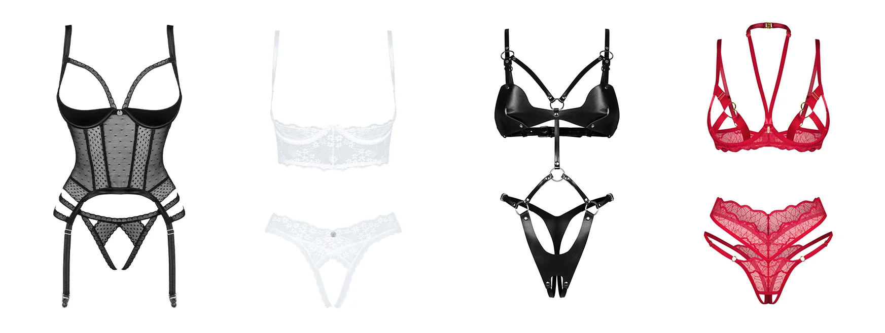 Photos de différents styles de lingerie érotique : un corset noir à poitrine ouverte et un string ouvert, un ensemble blanc avec soutien-gorge et string ouverts à l’arrière, un body noir à dos nu, et un ensemble rouge à dos nu avec soutien-gorge et string ouverts