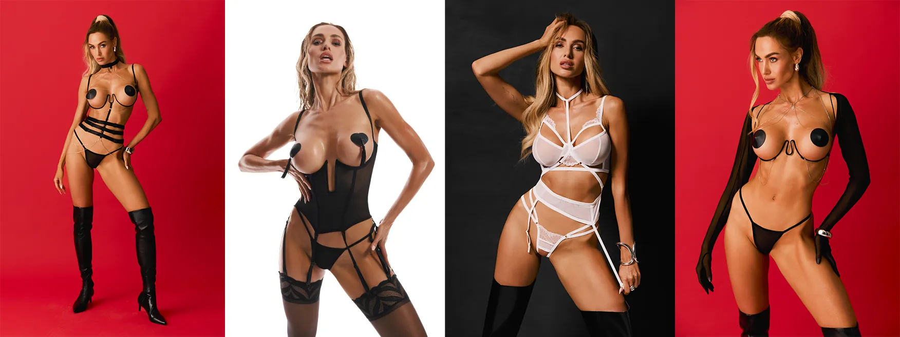 Collage de 4 photos montrant un modèle portant des pièces audacieuses de lingerie de la ligne Obsessive Premium