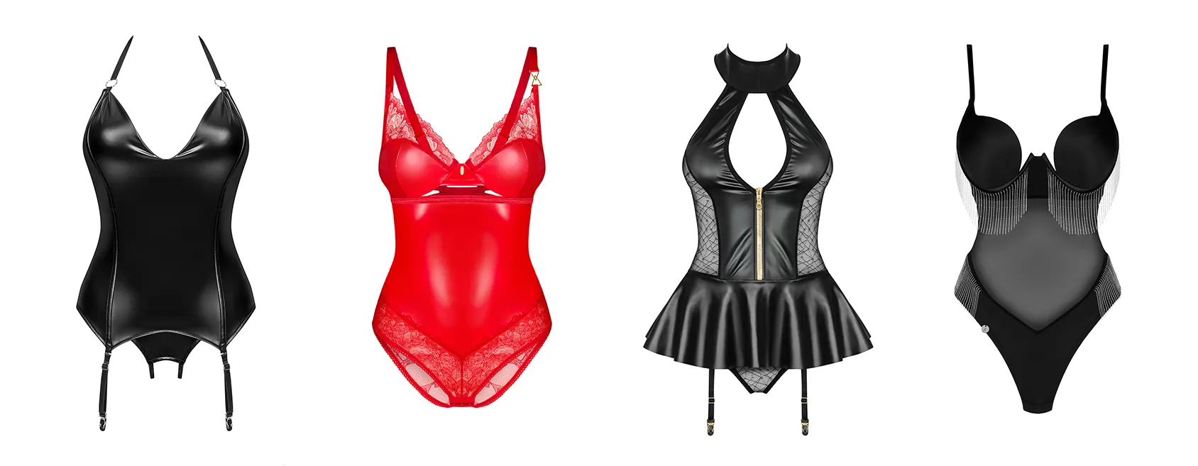 Quatre modèles de lingerie Obsessive : deux corsets noirs en cuir, un body rouge et un body noir orné de perles scintillantes