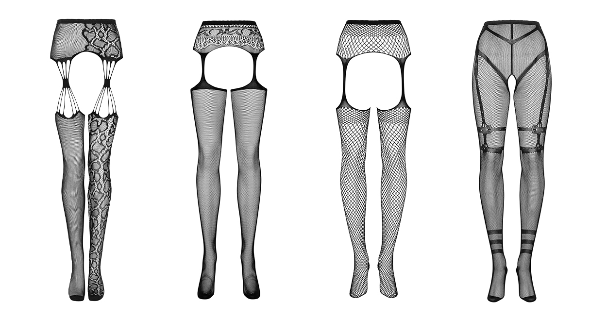 Photos de 4 modèles de bas jarretière : imprimé léopard sur une jambe, simple avec ceinture décorative, simple avec œillets plus larges, simple avec motifs de sangles enroulées autour des jambes
