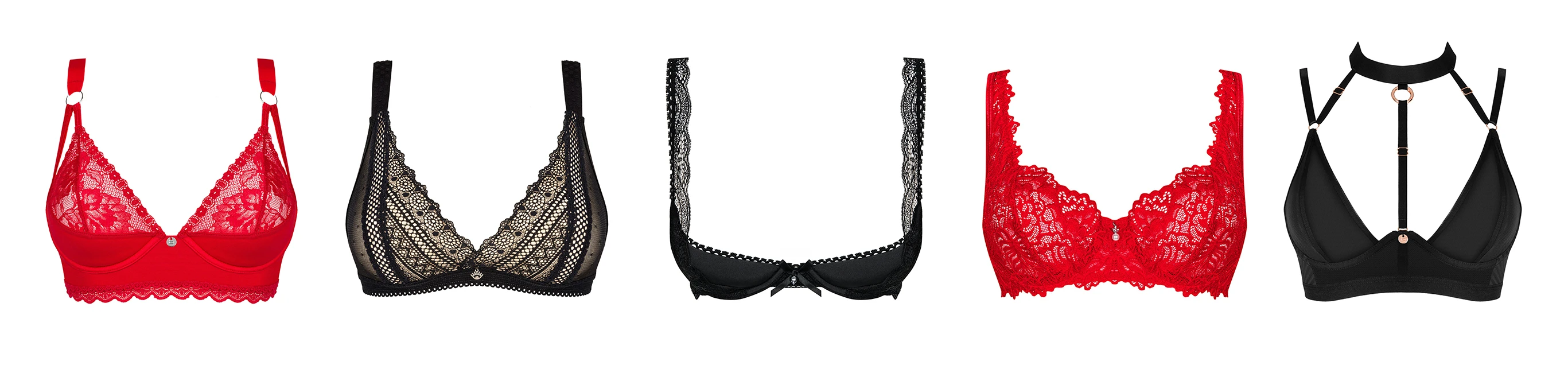 Photos de plusieurs modèles de soutiens-gorge : dentelle rouge ; noir transparent ; demi-soutien-gorge noir rembourré ; rouge, en dentelle et noir avec tour de cou