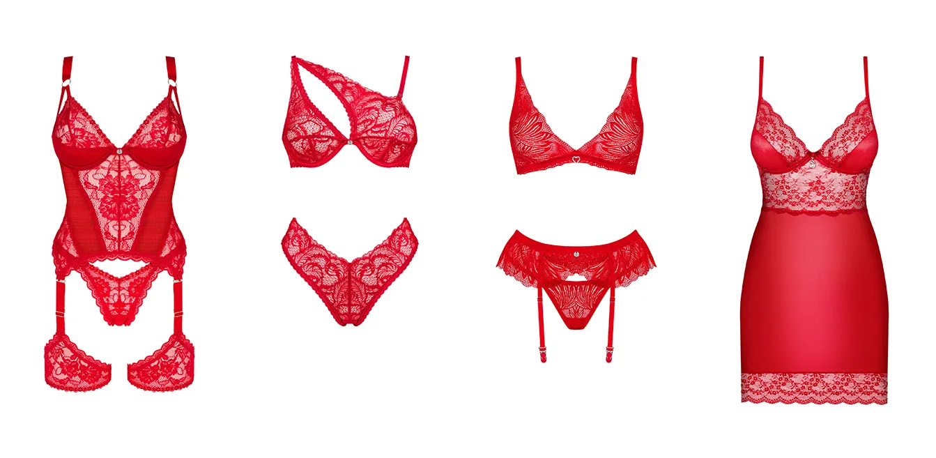 photos de modèles en lingerie rouge : corset en dentelle avec jarretelles, ensemble asymétrique soutien-gorge et culotte, ensemble avec porte-jarretelles et nuisette