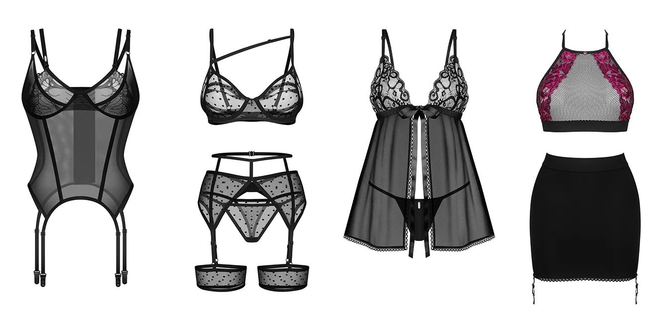 photos de modèles en lingerie noire : corset transparent, ensemble soutien-gorge, string, porte-jarretelles, babydoll transparent, ensemble top et jupe