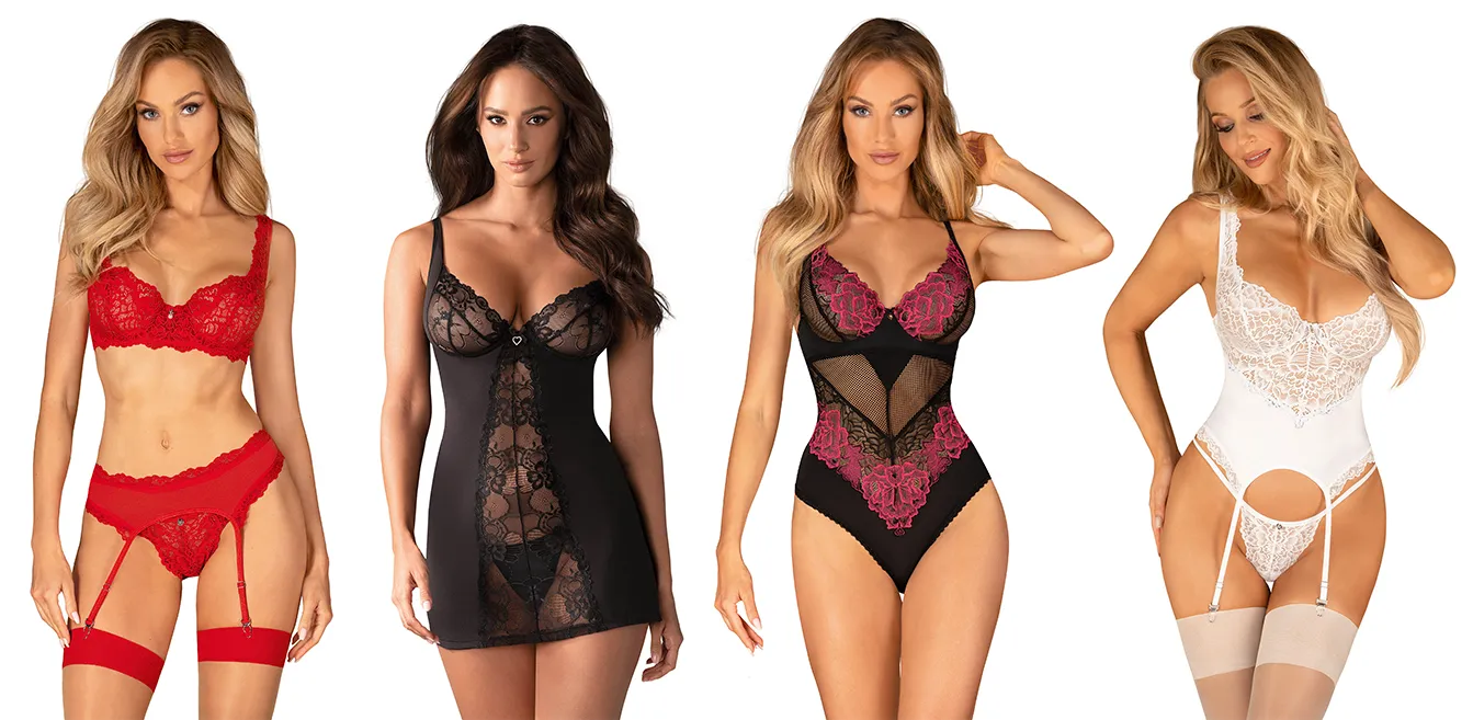 photos de modèles en lingerie dentelle : ensemble rouge avec ceinture, nuisette noire, body noir à bordure rose, corset blanc et string