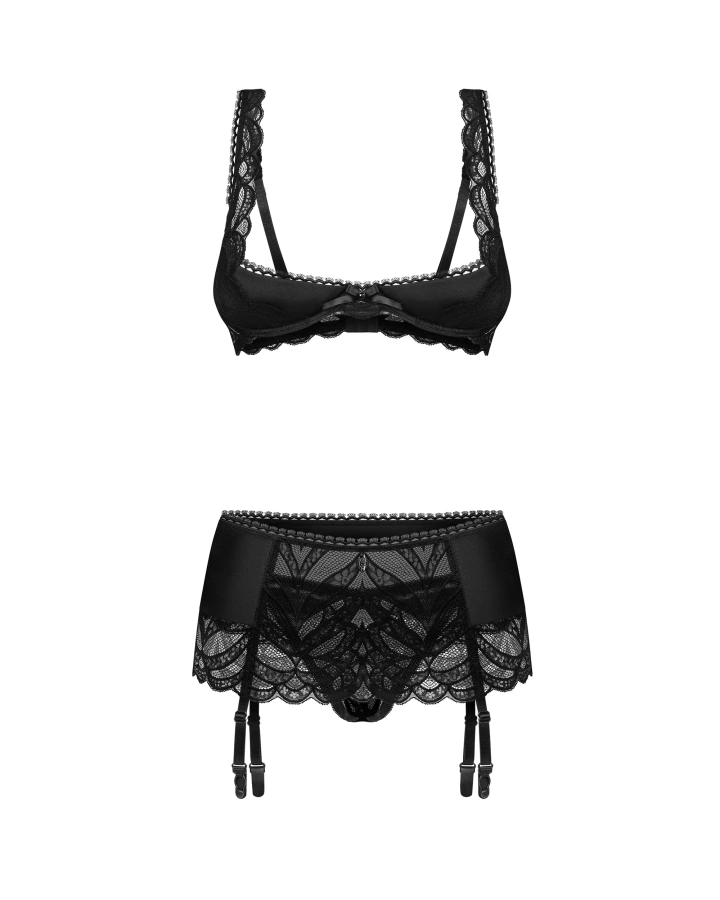 Ensemble : demi-soutien-gorge, string ouvert, porte-jarretelles