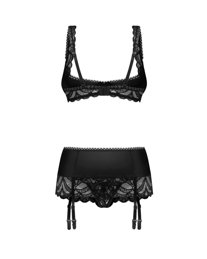 Ensemble : demi-soutien-gorge, string ouvert, porte-jarretelles