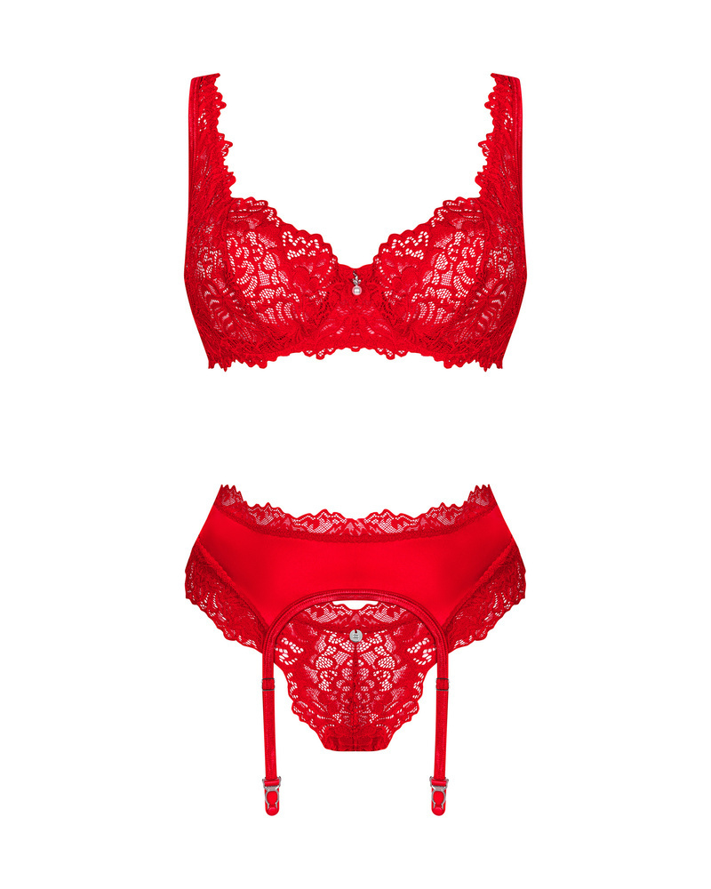 Ensemble rouge : soutien-gorge, portes jarretelles et string